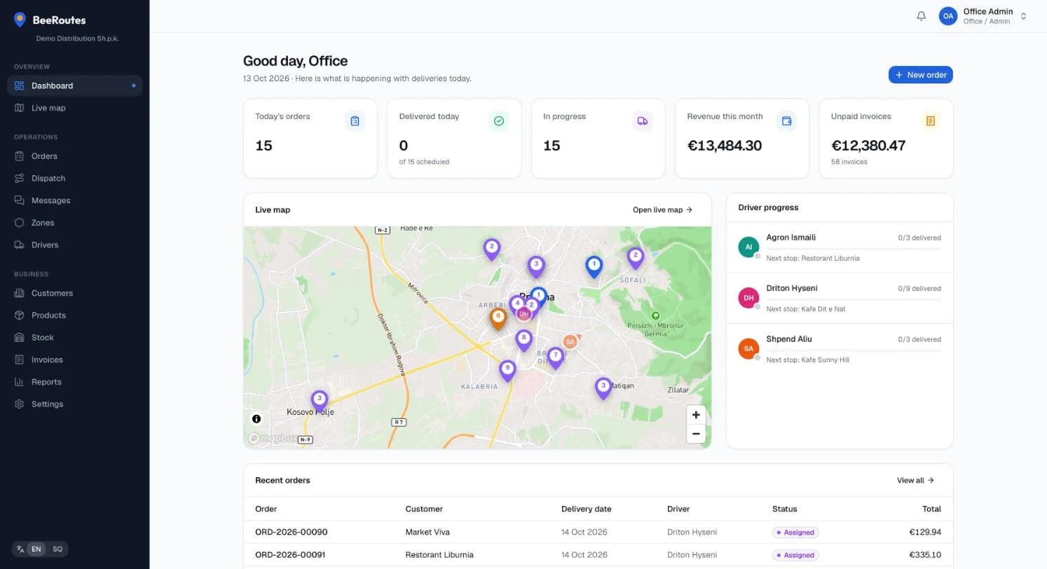 BeeRoutes office dashboard with live map and driver progress
