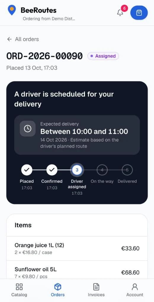 BeeRoutes customer portal: a one-hour delivery window on the order