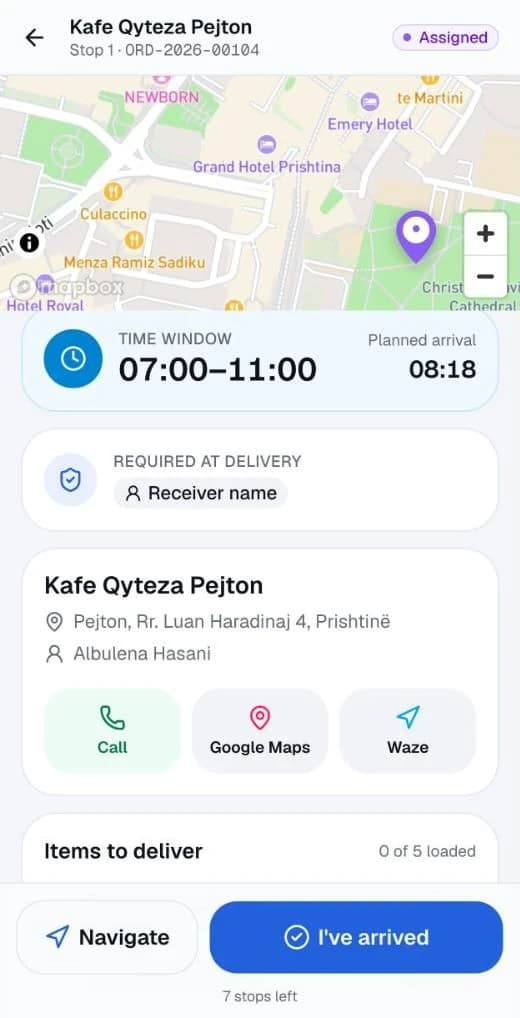 BeeRoutes driver app: stop details with planned arrival